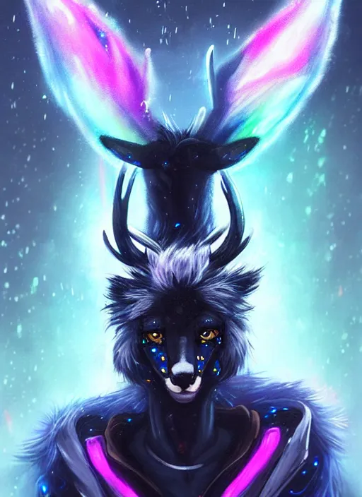 Image similar to award winning beautiful portrait commission of a male furry anthro Black Reindeer cyberpunk fursona with a tail, wings, wings, wings and a cute beautiful attractive detailed furry face wearing stylish black and rainbow galaxy clothes, outline, in a cyberpunk city at night while it rains. Character design by charlie bowater, ross tran, artgerm, and makoto shinkai, detailed, inked, western comic book art