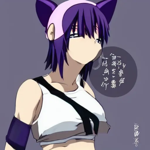 Image similar to anime girl with short purple hair and cat ears and a black tank top, aesthetic