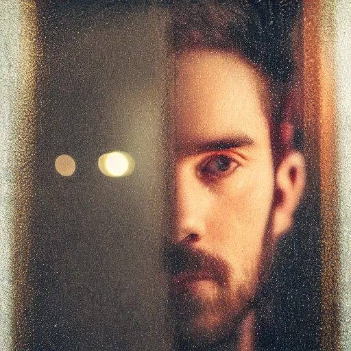 Image similar to A double exposure of a 4x5 styled portrait of a man coupled with an abstract oil-on-canvas painting, bokeh, shallow depth of field, dreamy, fog