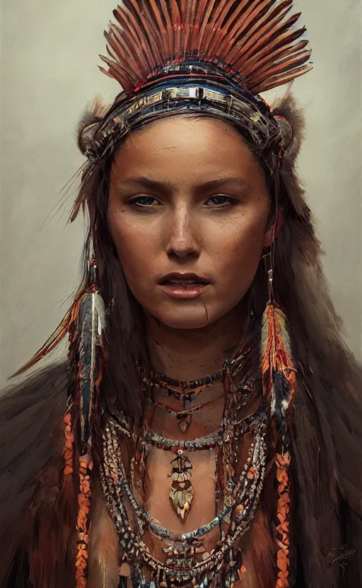 Image similar to gorgeous redskin woman wearing headdress, intricate, elegant, highly detailed, artstation, concept art, smooth, sharp focus, illustration, art by stefan kostic and greg rutkowski