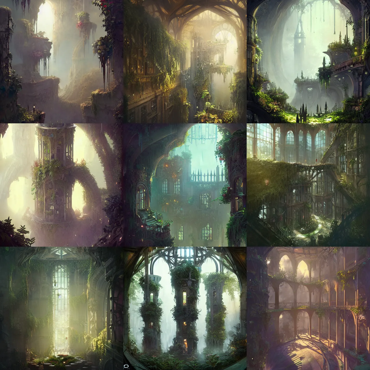 Prompt: victorian hanging gardens inside a tower, archways, large windows, light dust, by peter mohrbacher dan mumford craig mullins nekro, cgsociety, pixiv, volumetric light, 3 d render