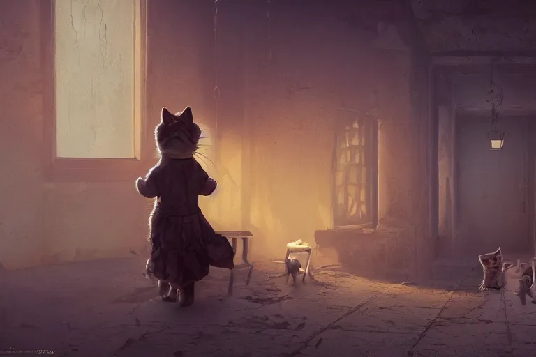 Image similar to a cute kitten wearing a dress is on an adventure through an abandoned town in the night, 3d scene, render, ultra realistic, zenith view, Greg Rutkowski, artstation, cgsociety, level design, unreal engine, 3d scene, render, ultra realistic, Enki Bilal style