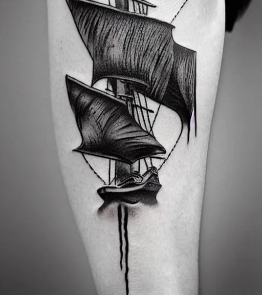 Prompt: A realistic tattoo design of a pirate ship, white background, black and white, highly detailed tattoo, realistic tattoo, realism tattoo, beautiful shades