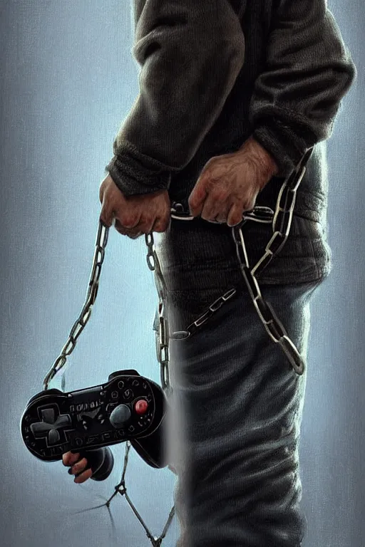 Image similar to very tired man holding gaming console in hands. he is chained to the console, intricate, elegant, highly detailed, digital painting, artstation, concept art, addiction, chains, smooth, sharp focus, illustration, art by ilja repin