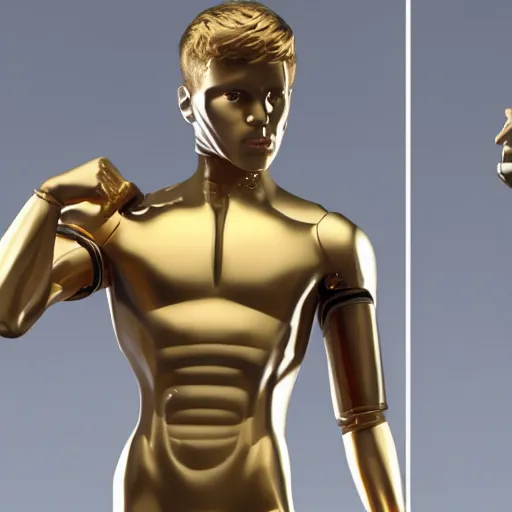 Image similar to a realistic detailed photo of a guy who is an attractive humanoid who is half robot and half humanoid, who is a male android, attractive and handsome soccer players, shiny skin, posing like a statue, blank stare, in a factory, on display, showing off his muscles, gold soccer shorts, side view, looking at each other mindlessly