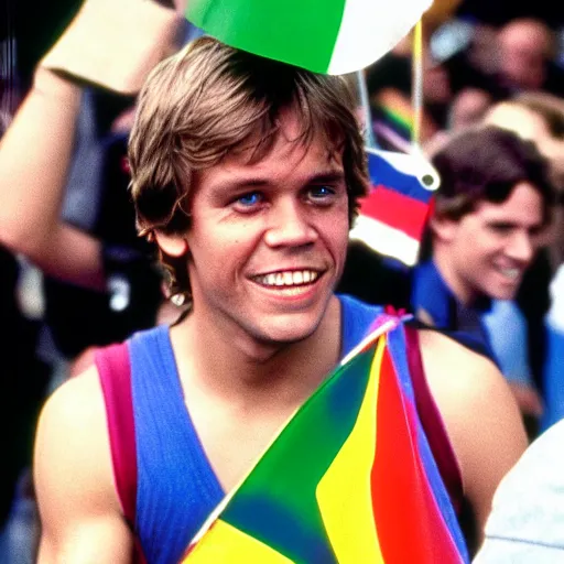 Prompt: rotj luke skywalker goes to pride, getty images, victorious, flags, parade, gay rights, bright smiles, daylight, twenty three year old luke skywalker at gay pride, 3 5 mm photography, played by young mark hamill, very happy, smiling