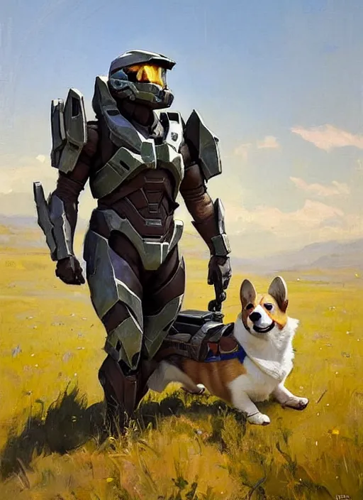 Prompt: Greg Manchess painting of a Corgi wearing Forerunner Armor from Halo, countryside, calm, fantasy character portrait, dynamic pose, above view, sunny day, artwork by Jeremy Lipkin and Giuseppe Dangelico Pino and Michael Garmash and Rob Rey, very coherent asymmetrical artwork, sharp edges, perfect face, simple form, 100mm