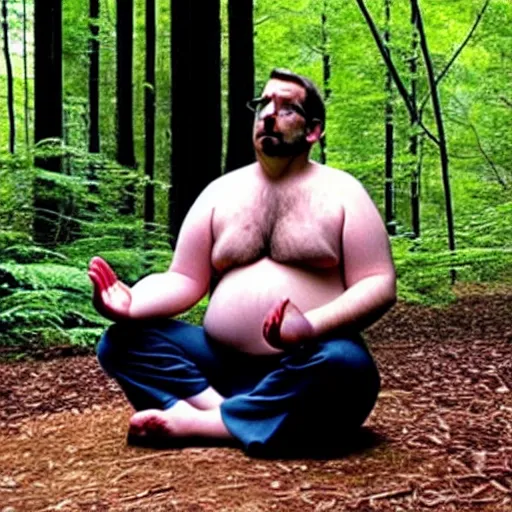 Image similar to chubby Steve Carell meditate in the Forest