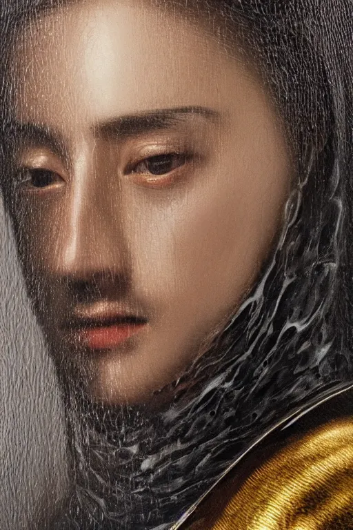 Image similar to hyperrealism oil painting, close-up portrait of medieval euopean fashion model, knight, steel gradient mixed with water swirls sky, in style of baroque mixed with 70s japan book art