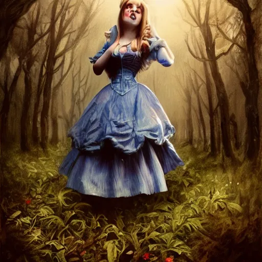 Image similar to Alice in Wonderland, Alice, victorian dress, Alice staring into the distance, surreal forest, painted by seb mckinnon, high detail, digital art, trending on artstation