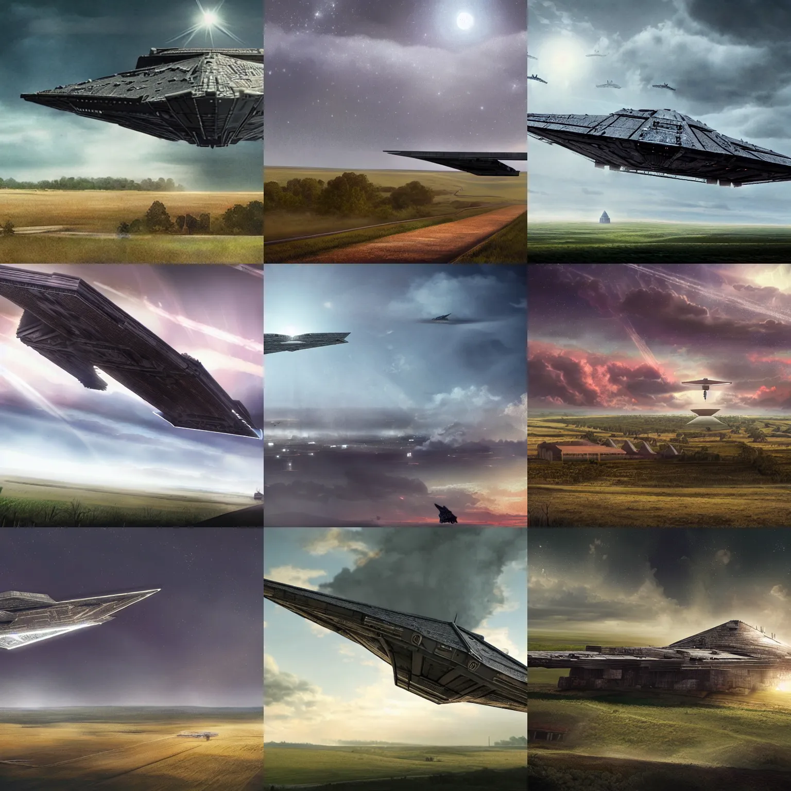 Prompt: an imperial star destroyer hovering menacingly over a rural town in kansas, concept art, vast landscape, beauty and fear in one image