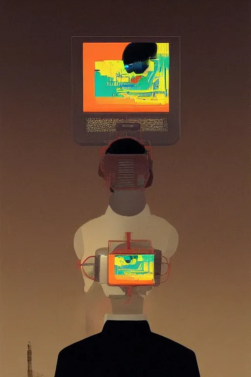 Image similar to North Korean hacker wearing Oculus and digital glitch head Edward Hopper and James Gilleard, Zdzislaw Beksisnski, higly detailed