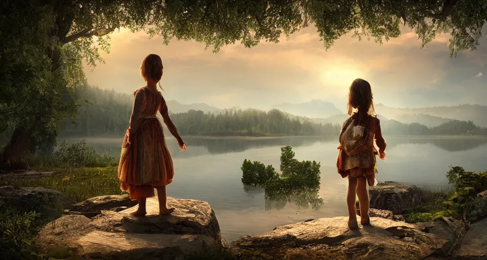 Image similar to spectacular ancient little girl with rugs standing on the edge of the beautiful lake. morning time an amazingly beautiful scene. beautiful lighting, 4 k post - processing, trending in art station, cg society, highly detailed, 5 k extremely detailed, 3 d. cinematic scene.