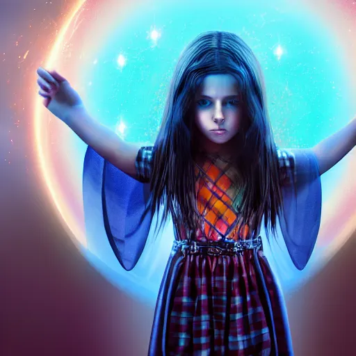 Image similar to mysterious girl child with her long black hair dressed in a chequered robe, chequered cape, carrying blue very big magical symmetrical crystal, epic scene, atmospheric, surrounded by magical light, digital art, hd, 4 k, hyper detailed