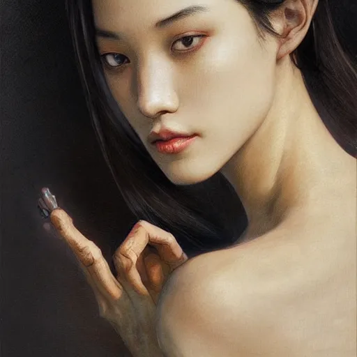 Prompt: Kiko Mizuhara, physically accurate, dramatic dynamic lighting, intricate, elegant, highly detailed, digital painting, artstation, very hyperrealistic, HR GIGER, Hieronymus Bosch, Francis Bacon, Tomas Sanchez, Renaissance, concept art, smooth, sharp focus, illustration, art by artgerm and greg rutkowski and alphonse mucha