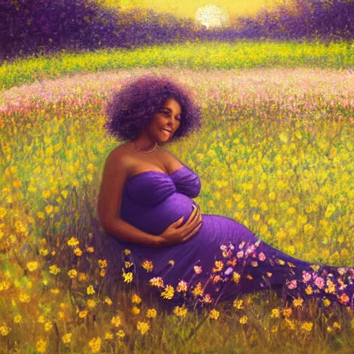 Image similar to pregnant black woman with curly hair in a vast field of flowers, laying down, a tiny black puppy running around, golden hour, vintage, impressionist painting, fine art, oil painting, dreamy, pastel, laughing, happy, intricate details, sharp, peaceful, serene