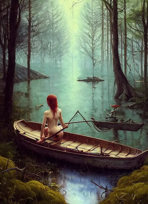 Image similar to boat in the woods by a river gorgeous lighting, lush forest foliage blue sky a hyper realistic painting by chiara bautista and beksinski and norman rockwell and greg rutkowski, tom bagshaw weta studio, and lucasfilm