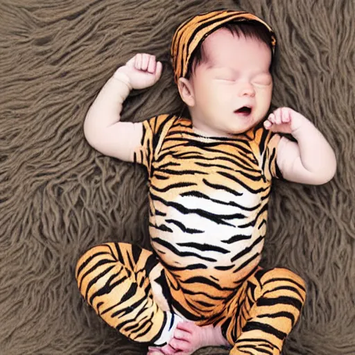 Prompt: new born baby in a tiger patterned outfit