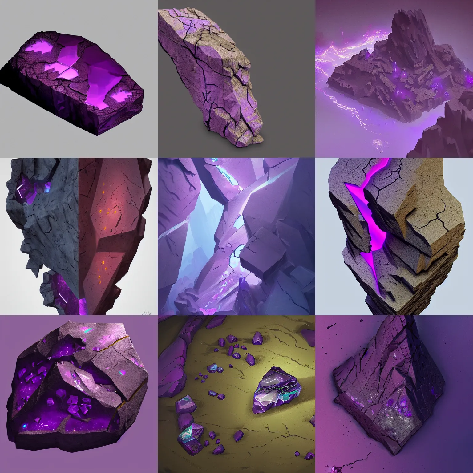 Prompt: piece of ore with purple glowing cracks, d&d, fantasy, highly detailed, intricate, smooth, artstation, by artem chebokha