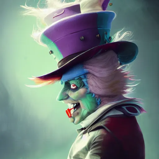 Image similar to The Mad Hatter, huggy wuggy from poppy playtime video game, fullbody, ultra high detailed, glowing lights, oil painting, Greg Rutkowski, Charlie Bowater, Beeple, unreal 5, DAZ, hyperrealistic, octane render, RPG portrait, dynamic lighting, fantasy art, beautiful face