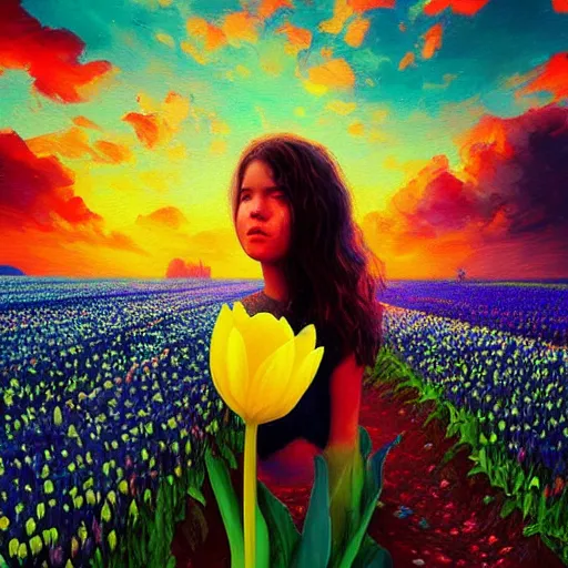 Image similar to girl with a giant tulip head, surreal photography, flower field, sunset dramatic light, impressionist painting, colorful clouds, blue sky, digital painting, artstation, simon stalenhag