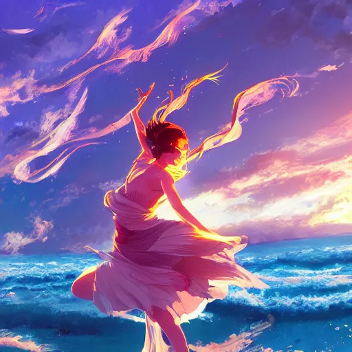 Prompt: A girl dancing on water, detailed facial features, evokes feelings of joy, beautiful flowing fabric, sunset, dramatic angle, realistic and detailed, by studio trigger, pixiv dslr photo by Makoto Shinkai rossdraws and Wojtek Fus