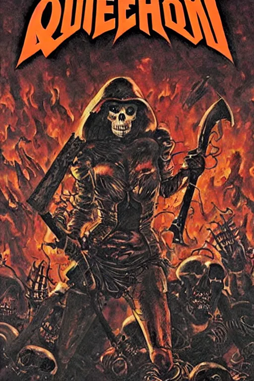 Image similar to Queen Elizabeth 2 with a chainsaw in her hands fights with an army of skeletons in hell, in the style of the cover of the 2 part of doom,