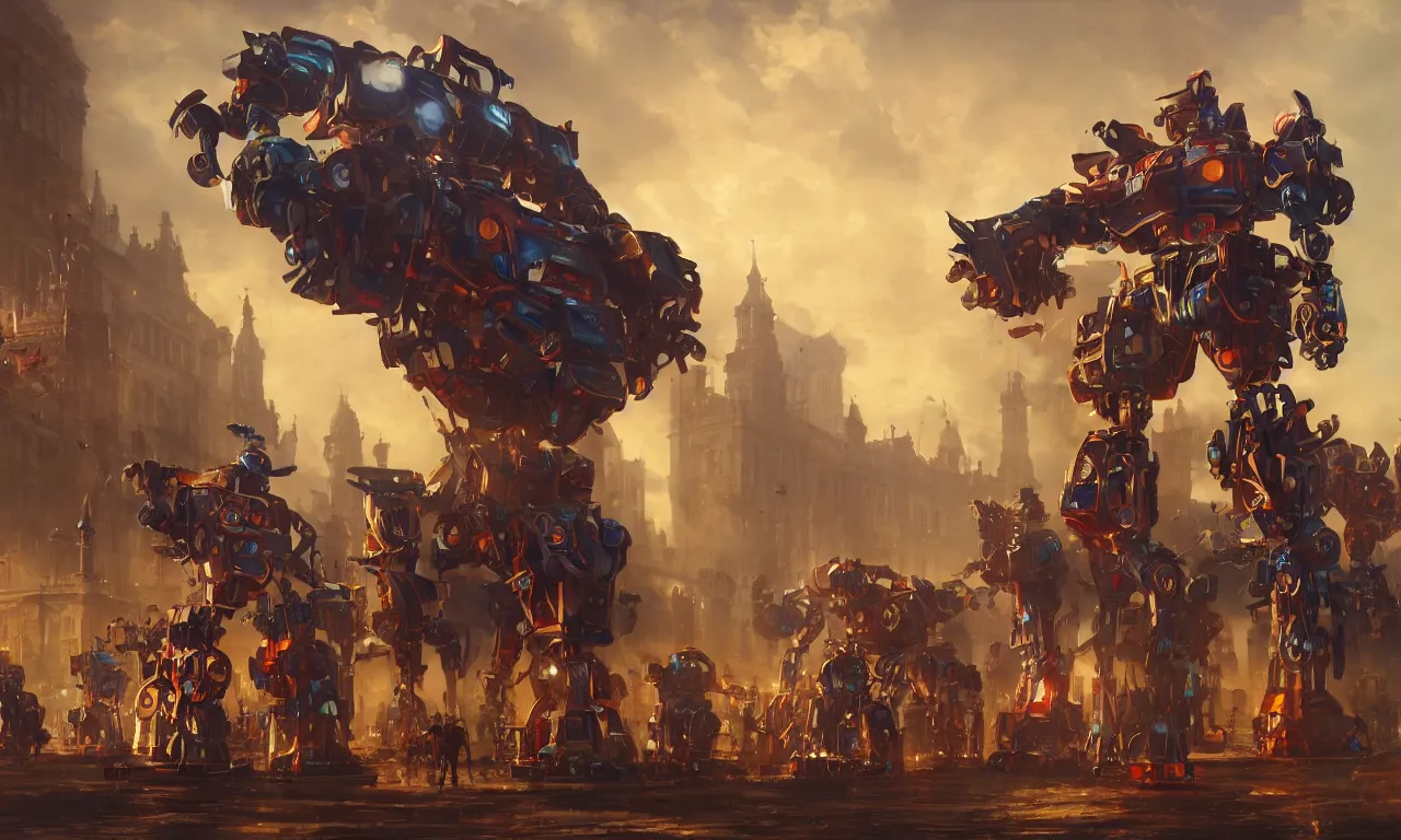 Prompt: giant toy robots invade victorian london, vivid colors, high details, cinematic, 8k resolution, beautiful detailed, photorealistic, digital painting, artstation, concept art, smooth, sharp focus, illustration, fantasy background, artstation trending, octane render, unreal engine