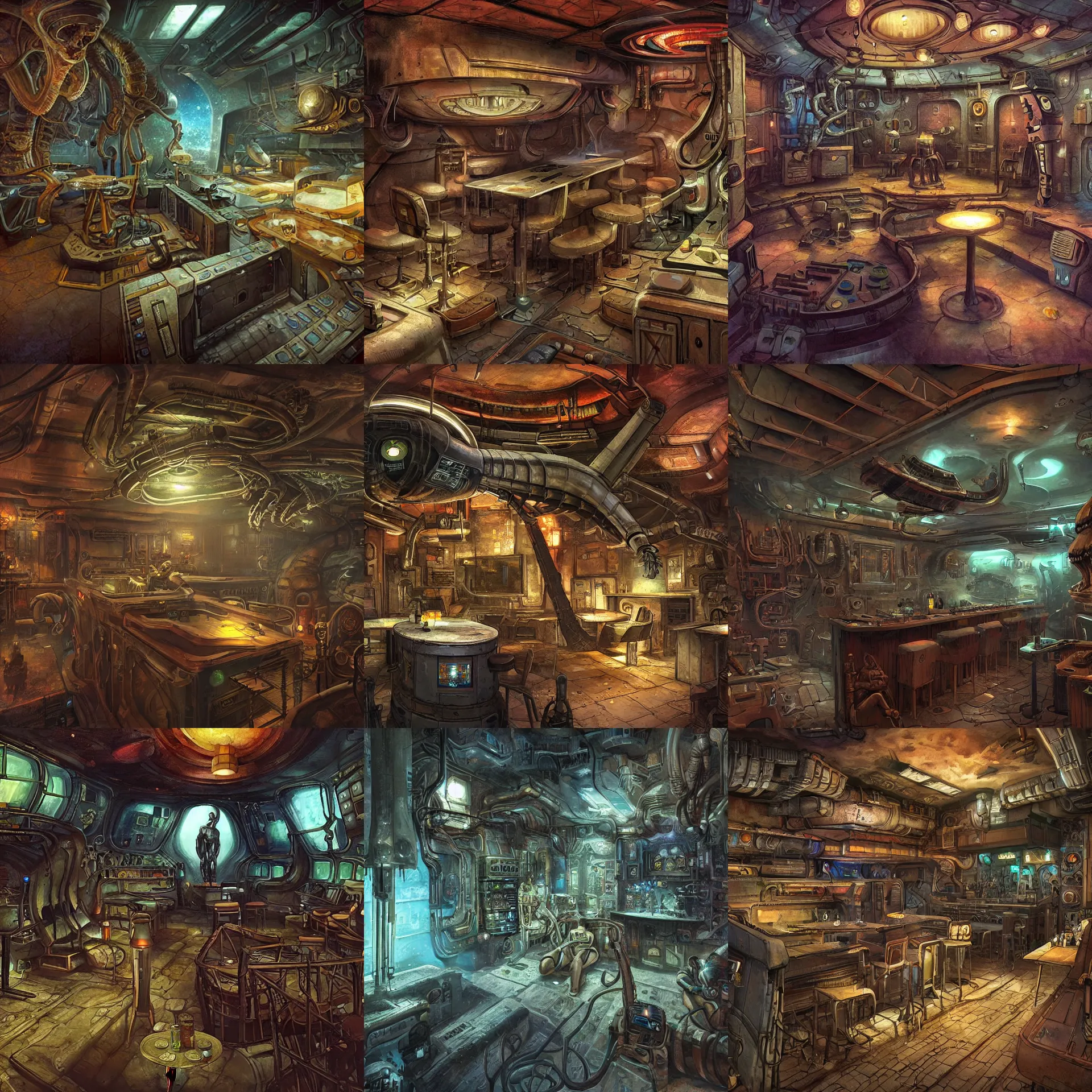 Prompt: in a small bar in a remote outpost, on an alien planet, from a space themed point and click 2 d graphic adventure game, set design inspired slightly by hg giger and tomb raider, art inspired by thomas kinkade