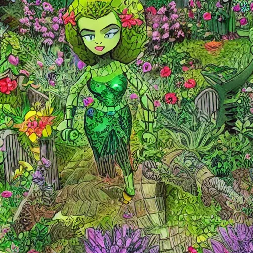 Prompt: intricate detailed Garden, Green Witch Walking her Garden, magical garden plant creatures, enchanted, life like plants, In style of 1992 X-Men: The Animated Series, high detail