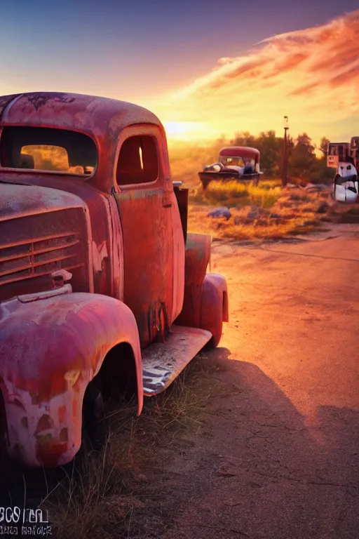 Image similar to a sunset light landscape with historical route 6 6, lots of sparkling details and sun ray ’ s, blinding backlight, smoke, volumetric lighting, colorful, octane, 3 5 mm, abandoned gas station, old rusty pickup - truck, beautiful epic colored reflections, very colorful heavenly, softlight