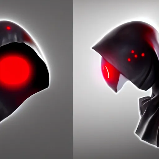 Prompt: A robotic character with red eyes, a dark hood and cloak, ominous, 8k, render