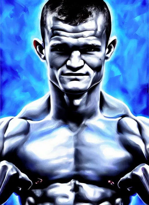 Image similar to vitalik buterin looks like ronnie coleman, digital art, oil painting, cold blue tones, fantasy, 8 k, trending on artstation, detailed