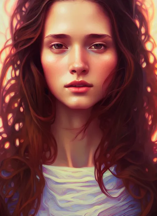 Image similar to attractive young women with shoulder length brown hair, half body shot, path traced, highly detailed, high quality, digital painting, alena aenami, lilia alvarado, shinji aramaki, karol bak, alphonse mucha, tom bagshaw