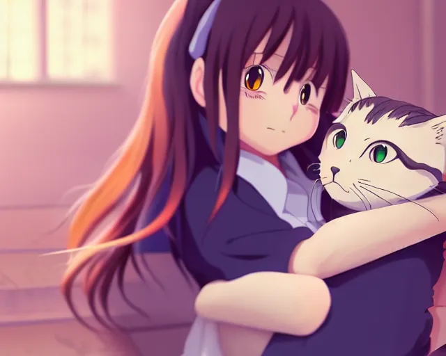 Image similar to anime fine details portrait of joyful girl hugging cat in school, bokeh. anime masterpiece by Studio Ghibli. 8k render, sharp high quality anime illustration in style of Ghibli, artstation