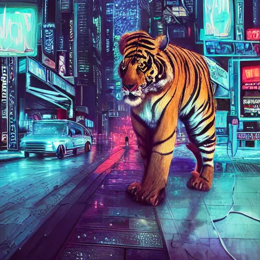 Image similar to a beautfiul award winning commission portrait of an anthro tiger in the neon cyberpunk city at night,wearing a leather jacket,glow effect,detailed face,photorealistic,character design by charles bowater,ross tran,deviantart,artstation,digital art,hyperdetailed,realistoc,western comic style,vfx,dramatic,dream-like