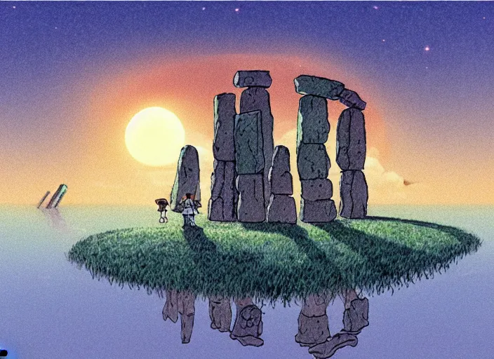 Image similar to a realistic cell - shaded studio ghibli concept art from paprika ( 2 0 0 6 ) of a flying multi - colored cube from close encounters of the third kind ( 1 9 7 7 ) and a grey long - haired witch in a flooded stonehenge on a misty starry night. very dull colors, wide shot, hd, 4 k, hq