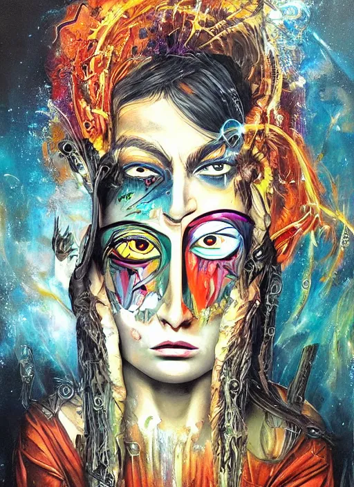 Image similar to incredible magic cult psychic woman, symmetrical painted face, third eye, energetic consciousness psychedelic scene, epic surrealism expressionism symbolism, story telling, iconic, dark robed, oil painting, layers on layers on layers, dark myth mythos, by Sandra Chevrier , Bruce Pennington, masterpiece