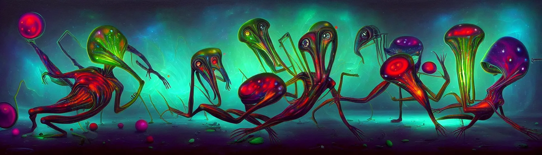 Image similar to strange alien plankton creatures from the depths of the collective unconscious, dramatic lighting, surreal darkly colorful painting by ronny khalil