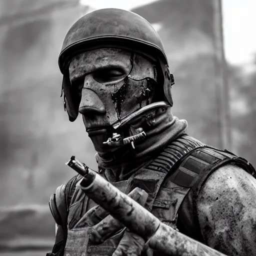 Image similar to Weeping modern mercenary wearing grey body armor smoking a cigarette in the aftermath of a bloody battle, photo by Adam Ferguson in 2022, Pulitzer Winning, cinematic composition, breathtaking, modern, 2022