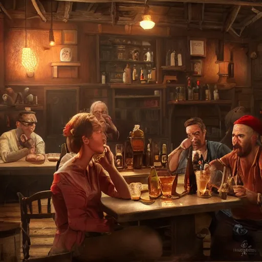 Image similar to busy tavern scene, Ultra realistic, intricate, mysterious, cinematic, 4k, illustration, concept art, photorealistic, award winning on Artstation