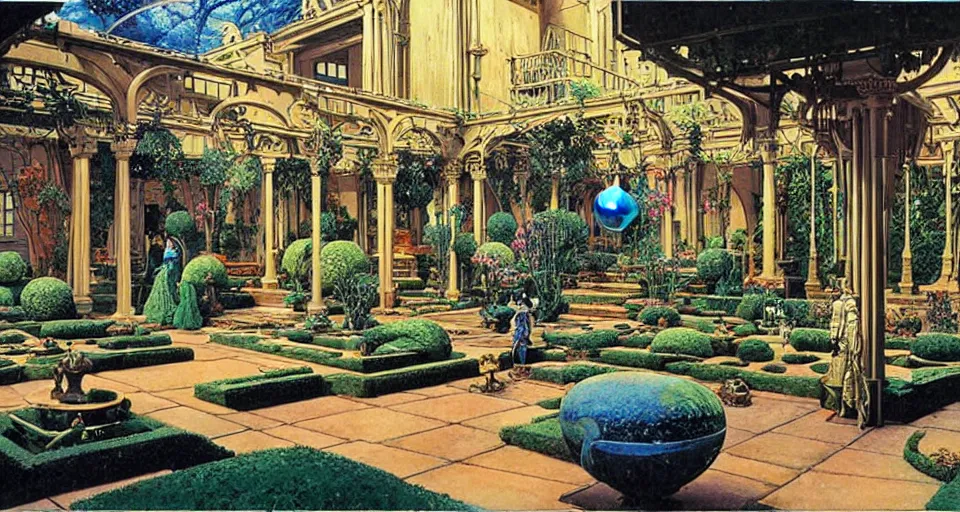 Image similar to a luxurious scifi futuristic victorian garden courtyard by robert mccall, moebius