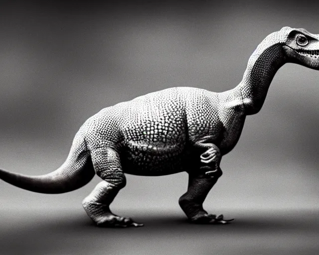 Prompt: hyper realistic vintage photograph of a real dinosaur, ultra detailed, grain, old, monochrome, sepia toned, realistic lighting, wide angle