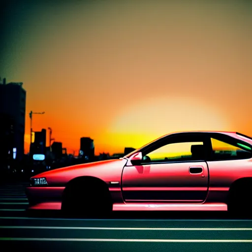 Image similar to a car Nissan Silvia at illegal car meet, Shibuya prefecture, city sunset, cinematic color, photorealistic, highly detailed, 200MM