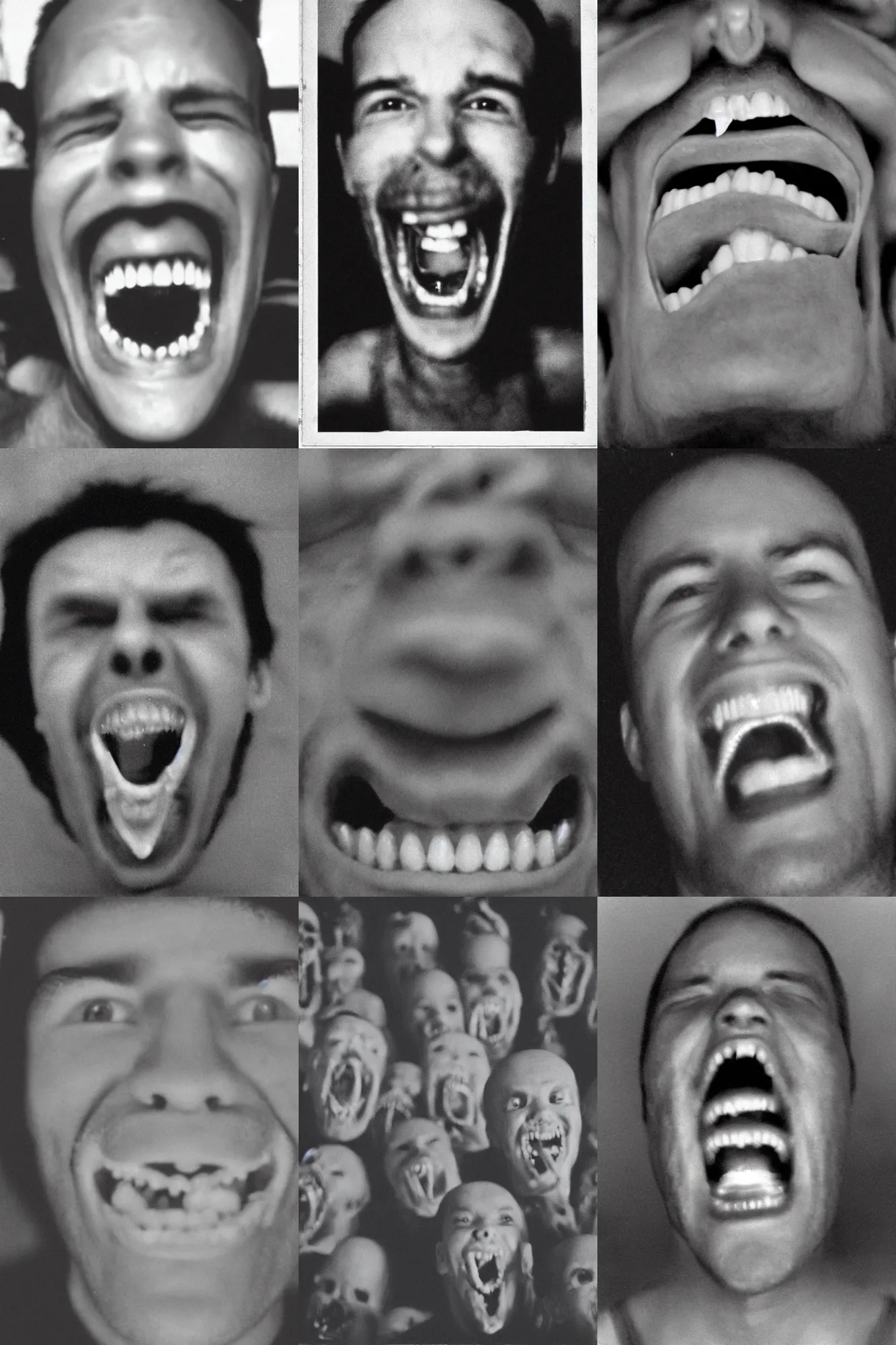 Prompt: grainy film photo of a man with his mouth wide open, and showing multiple rows of teeth, creepy, unsettling