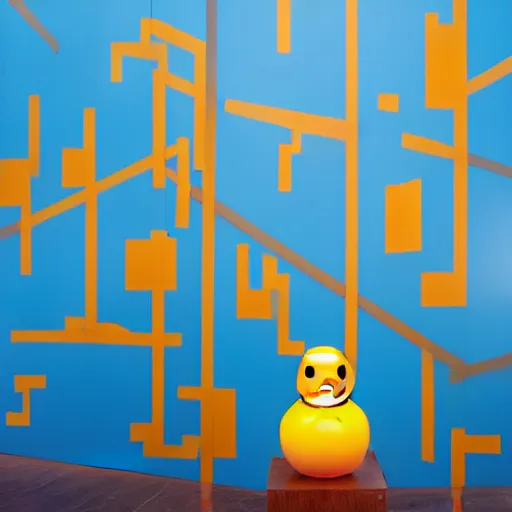 Prompt: one hyper real rubber duck on a pedestal in an art gallery, the walls are covered with colorful geometric wall paintings in the style of sol lewitt.