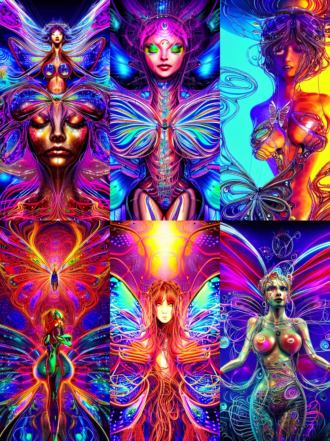 Prompt: ultra detailed butterfly goddess made out of liquid chrome in a multiverse, melting face, surrounded by mechanical wires, wide shot, cinematic, anime aesthetic by Andrew Thomas Huang Bjork Avatar Artwork, Druillet, colorfull, vivid colors, 8k, uplifting, magical composition artstation