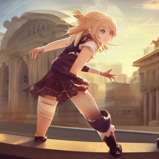 Image similar to blonde - haired princess, anime princess, wearing casual clothes, action pose, parkour, plaza, greco - roman pillars, golden hour, partly cloudy sky, sepia sun, strong lighting, strong shadows, vivid hues, ultra - realistic, sharp details, subsurface scattering, intricate details, hd anime, 2 0 1 9 anime