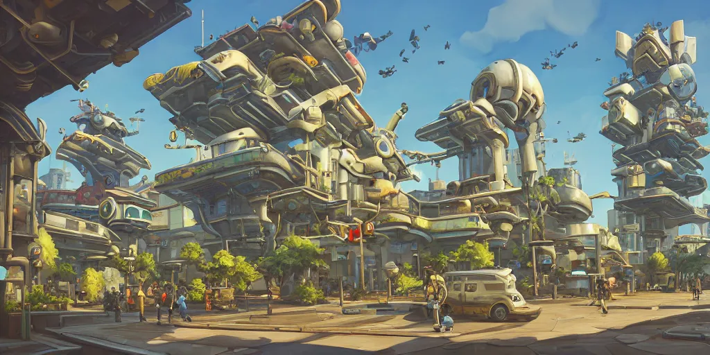 Image similar to overwatch building, stylized, exterior, architecture, watercolor gouache detailed paintings, insanely detail, artstation, 8 k, futuristic, arcane, simon stalenhag, food stall, interesting shapes & form, golden ratio, hard surface, props, decoration and furniture, megastructures, floating city, tree and plants, solarpunk, japanese downtown, utopia, kitbash 3 d