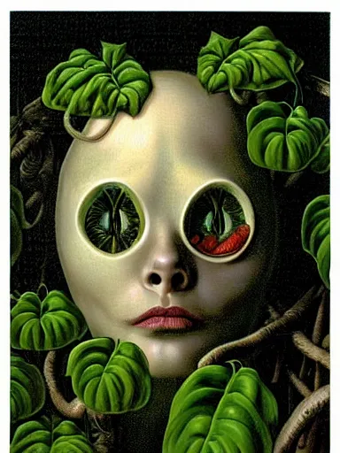 Prompt: The Hanging-Gardens of Pareidolia, ivy, verbena and pothos growing facial features and optical-illusions!!!!!, aesthetic!!!!, by Gerald Brom in the style of Johfra Bosschart in the style of,